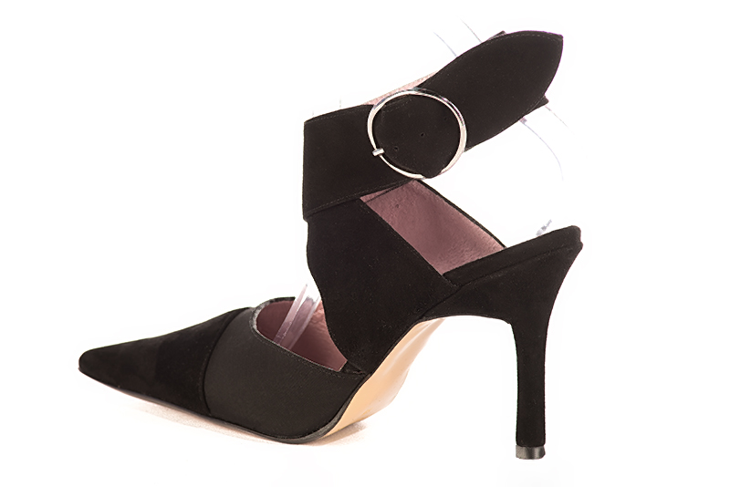 Matt black women's open back shoes, with crossed straps. Pointed toe. Very high slim heel. Rear view - Florence KOOIJMAN